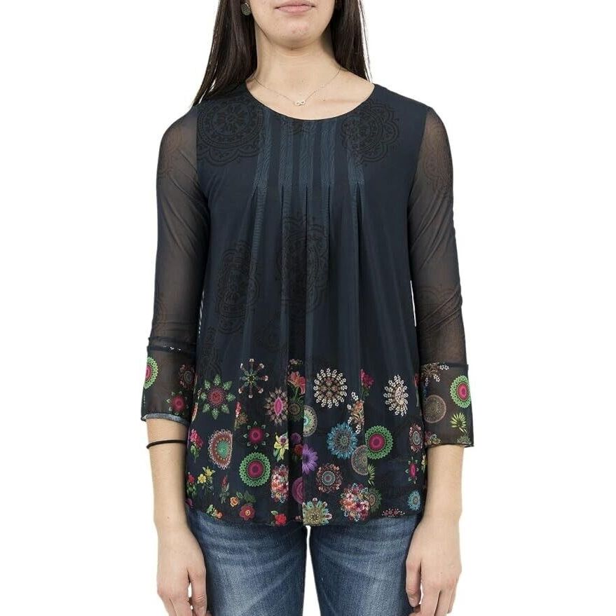 Desigual Womens Navy Blue Floral Long Sleeves Blouse Mesh Top Lined Size Small